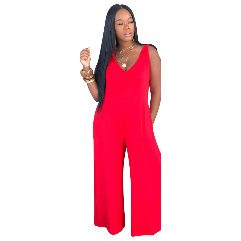 Boutique Solid Color V neck Suspender Jumpsuit