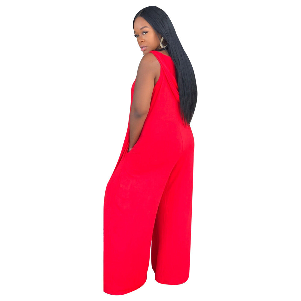 Boutique Solid Color V neck Suspender Jumpsuit