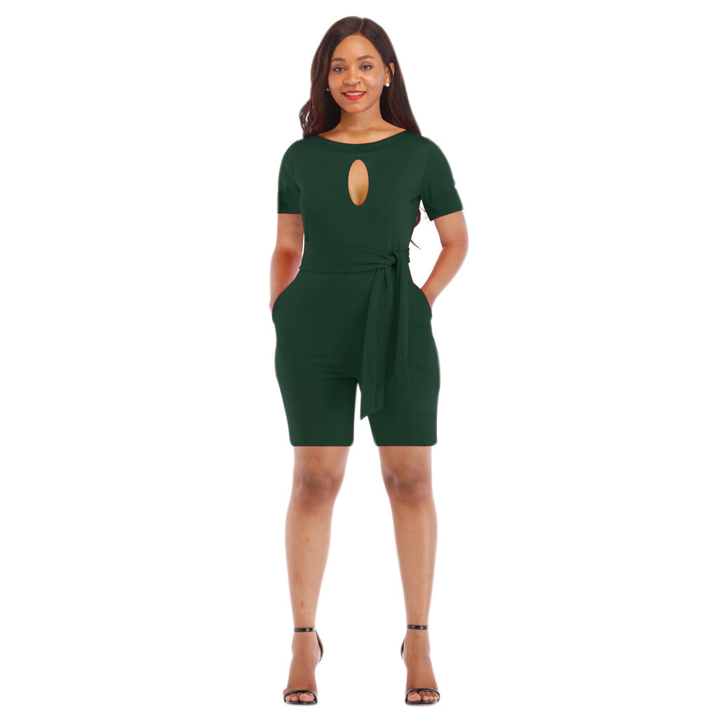 Classic Solid Color Round Neck Hollow Out Cutout Out Short Sleeved Jumpsuit