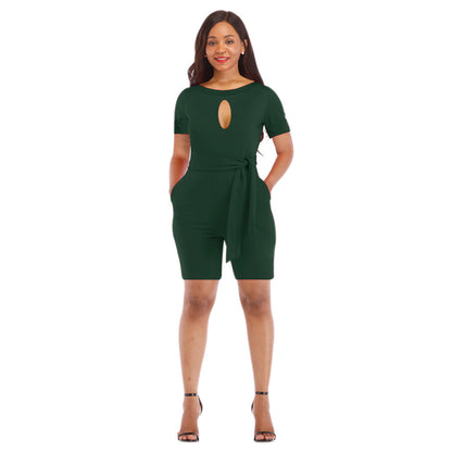 Classic Solid Color Round Neck Hollow Out Cutout Out Short Sleeved Jumpsuit