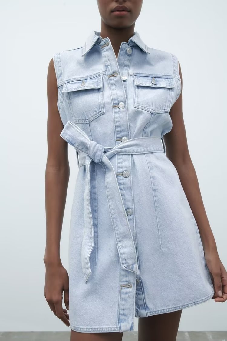 Summer Women Collared Sleeveless Vest Dress Straight Slim Single Breasted Denim Dress