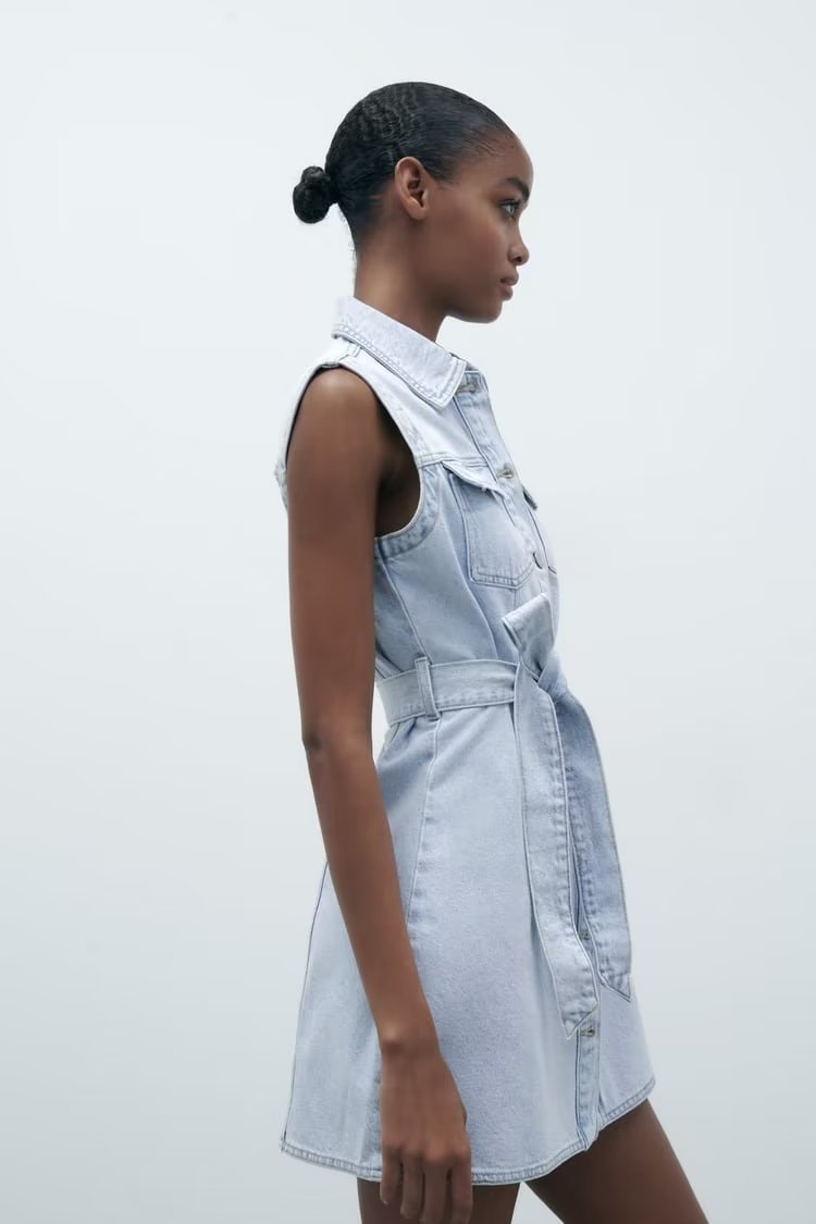 Summer Women Collared Sleeveless Vest Dress Straight Slim Single Breasted Denim Dress