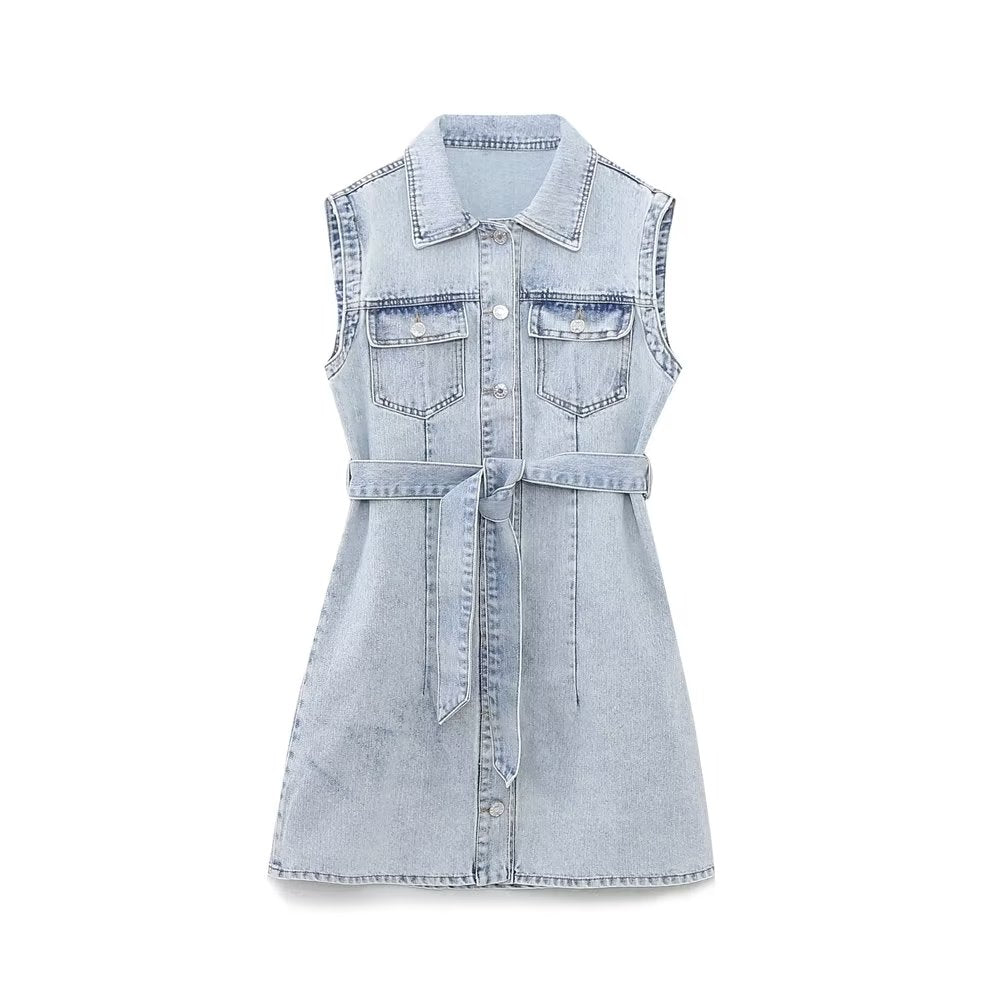 Summer Women Collared Sleeveless Vest Dress Straight Slim Single Breasted Denim Dress