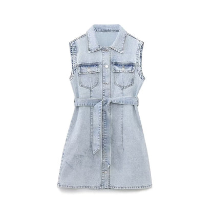 Summer Women Collared Sleeveless Vest Dress Straight Slim Single Breasted Denim Dress