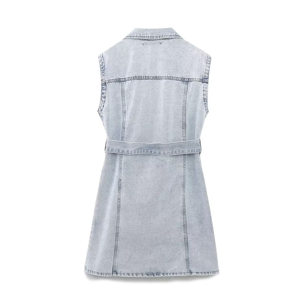 Summer Women Collared Sleeveless Vest Dress Straight Slim Single Breasted Denim Dress