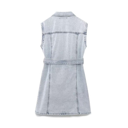 Summer Women Collared Sleeveless Vest Dress Straight Slim Single Breasted Denim Dress
