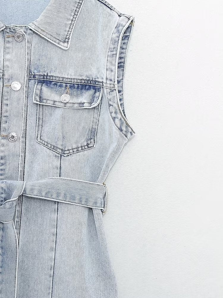 Summer Women Collared Sleeveless Vest Dress Straight Slim Single Breasted Denim Dress