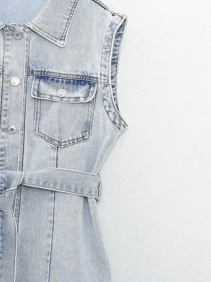 Summer Women Collared Sleeveless Vest Dress Straight Slim Single Breasted Denim Dress