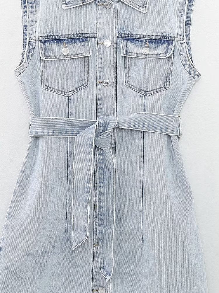 Summer Women Collared Sleeveless Vest Dress Straight Slim Single Breasted Denim Dress