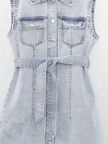 Summer Women Collared Sleeveless Vest Dress Straight Slim Single Breasted Denim Dress