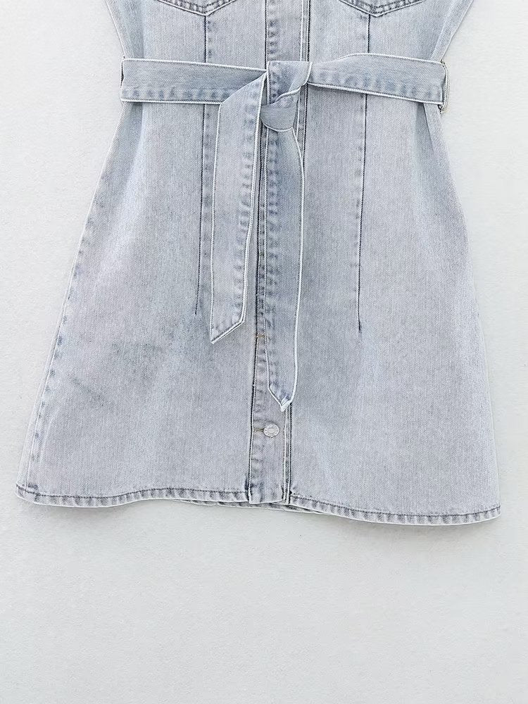 Summer Women Collared Sleeveless Vest Dress Straight Slim Single Breasted Denim Dress