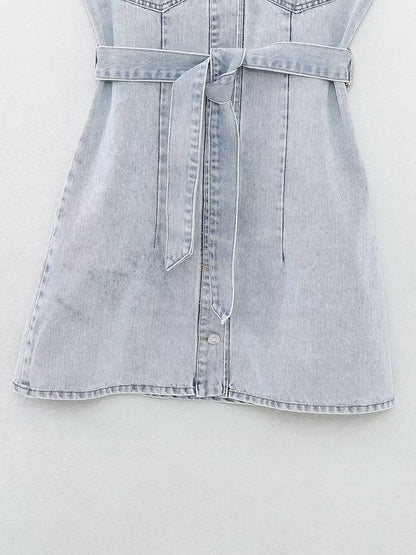 Summer Women Collared Sleeveless Vest Dress Straight Slim Single Breasted Denim Dress
