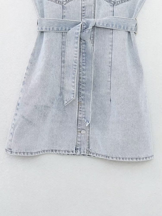 Summer Women Collared Sleeveless Vest Dress Straight Slim Single Breasted Denim Dress