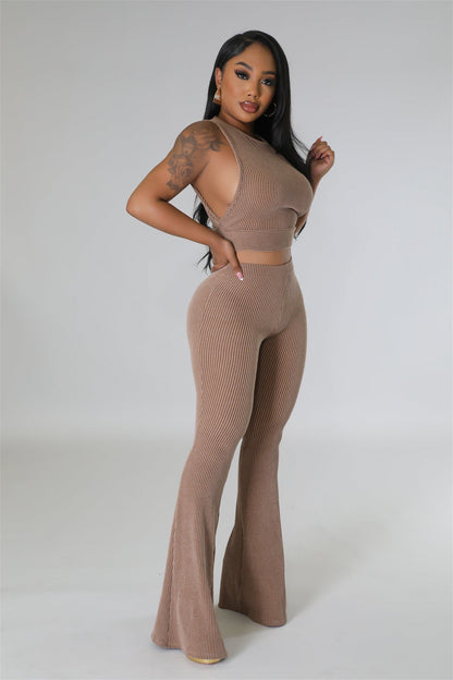 Women Casual Set Solid Color Rib Fabric Sleeveless Bootcut Trousers Two Piece Set