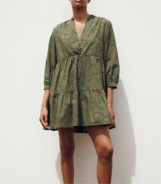 Spring Summer Women V neck Layered Stitching Loose A line Hollow Out Cutout Embroidered Dress
