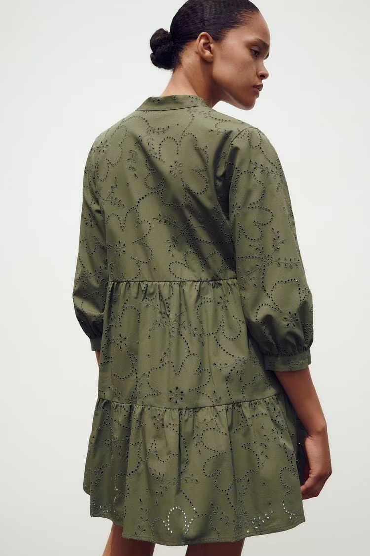 Spring Summer Women V neck Layered Stitching Loose A line Hollow Out Cutout Embroidered Dress