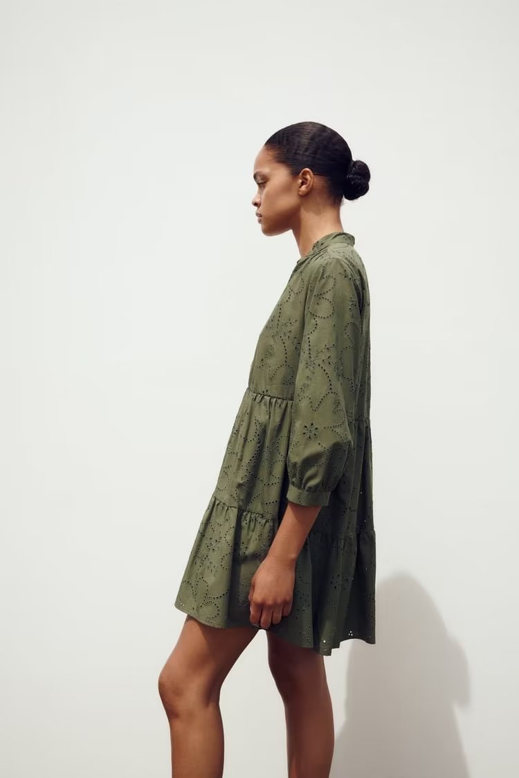 Spring Summer Women V neck Layered Stitching Loose A line Hollow Out Cutout Embroidered Dress