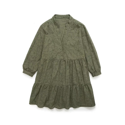 Spring Summer Women V neck Layered Stitching Loose A line Hollow Out Cutout Embroidered Dress