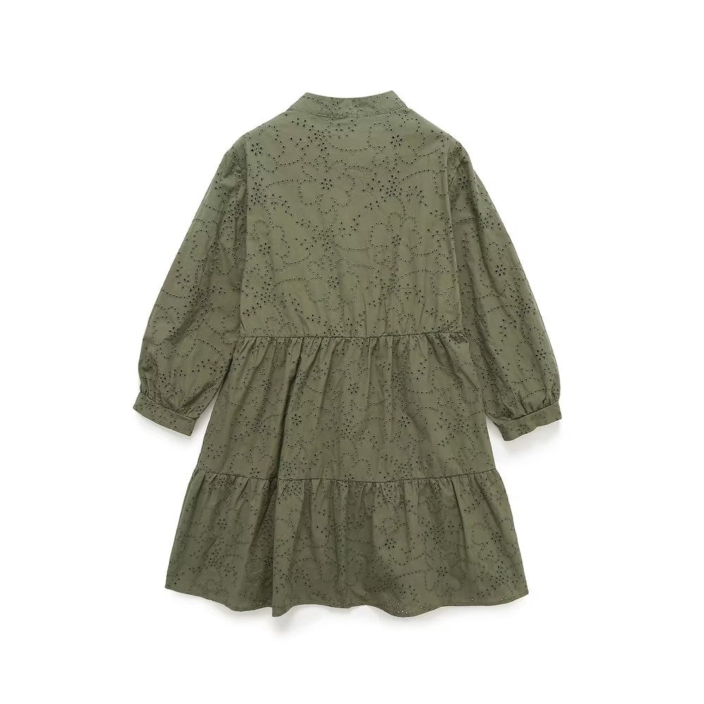 Spring Summer Women V neck Layered Stitching Loose A line Hollow Out Cutout Embroidered Dress
