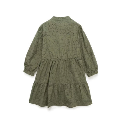 Spring Summer Women V neck Layered Stitching Loose A line Hollow Out Cutout Embroidered Dress