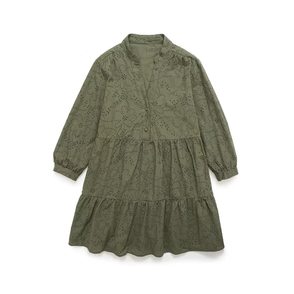 Spring Summer Women V neck Layered Stitching Loose A line Hollow Out Cutout Embroidered Dress