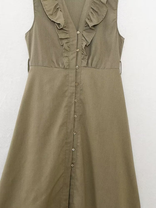 Summer Women Clothing Casual with Belt Linen Blend Laminated Decoration Dress