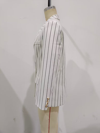 Spring Women High Waist Ptripe Work Pant Double Breasted Blazer