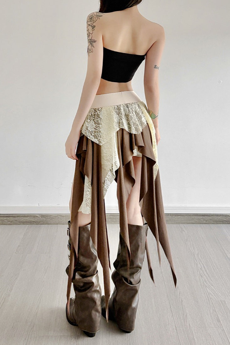 Sheer Lace Overlay Fringe Hem Skirt