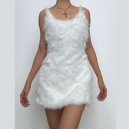 U neck fluffy zip-up backless cami mini dress  | Festival Outfits Women