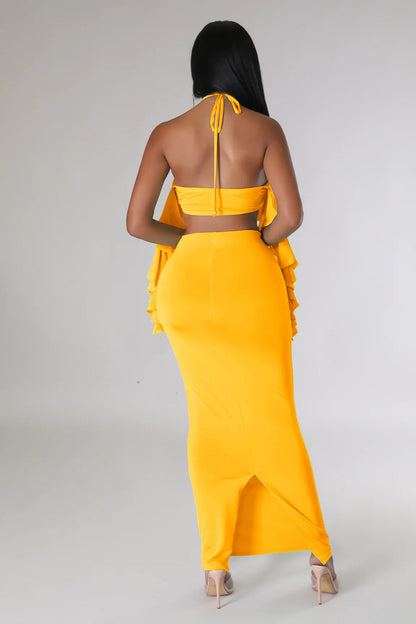 Wrapped Chest Halter Ruffled Top Bare Cropped High Waist Split Dress Two Piece Set 3D Decoration
