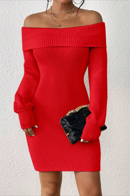 Long Sleeve Off Shoulder Slim Fit Knit Sweater Dress