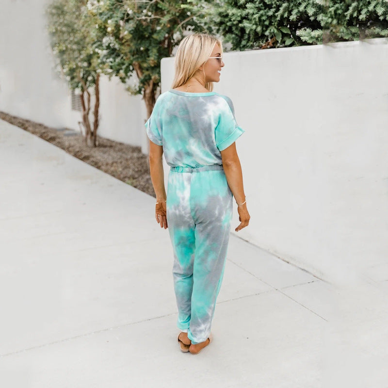 Women Tie Dyed Printed V Neck Short Sleeved Casual Jumpsuit