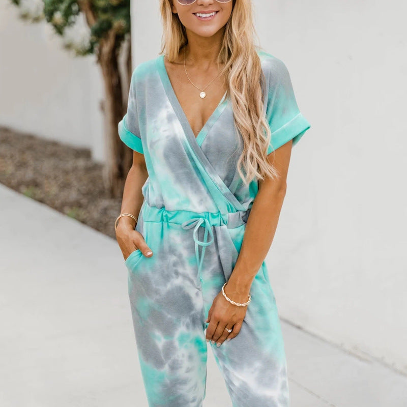 Women Tie Dyed Printed V Neck Short Sleeved Casual Jumpsuit