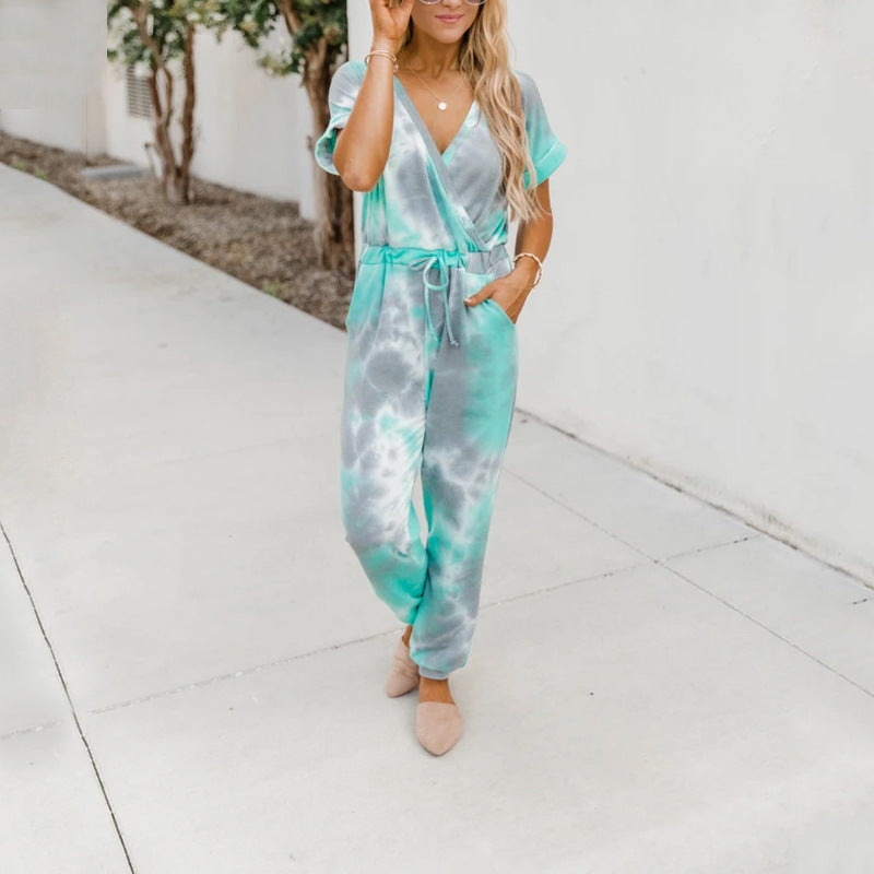 Women Tie Dyed Printed V Neck Short Sleeved Casual Jumpsuit