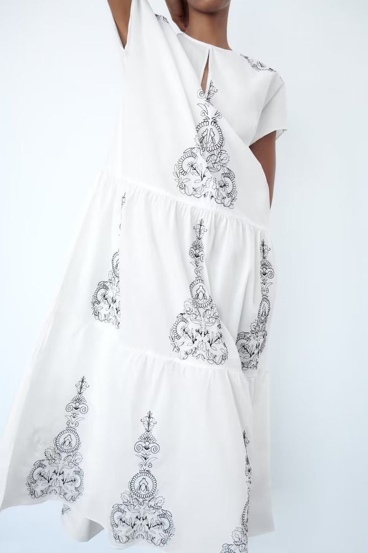 Summer Women Clothing Cotton Contrast Color Embroidery Midi Dress