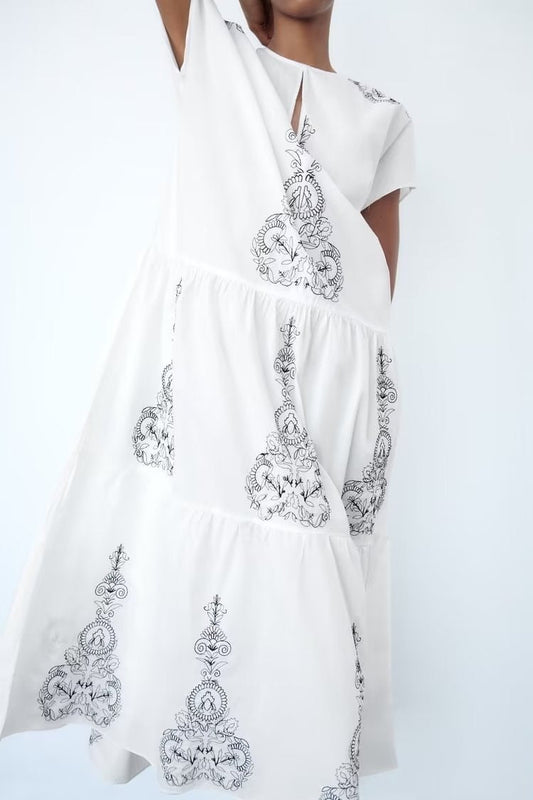 Summer Women Clothing Cotton Contrast Color Embroidery Midi Dress