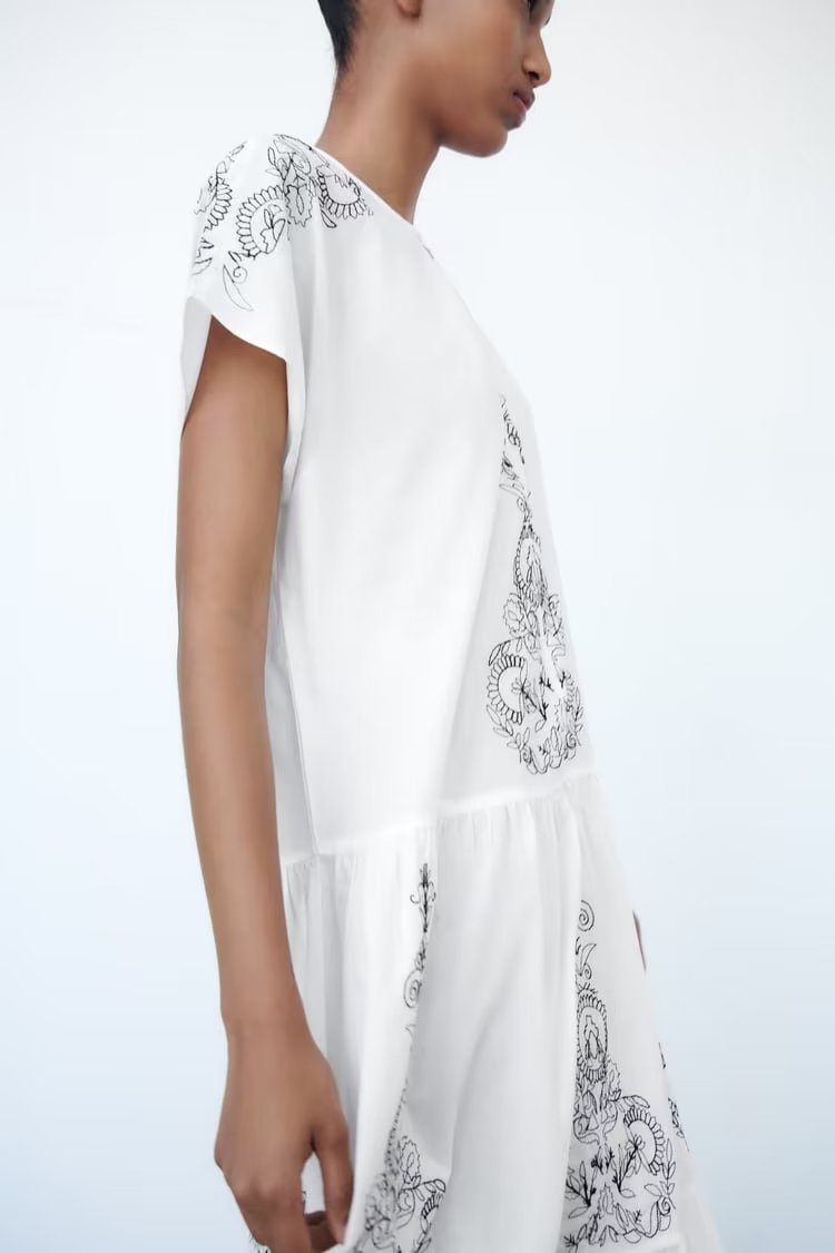 Summer Women Clothing Cotton Contrast Color Embroidery Midi Dress