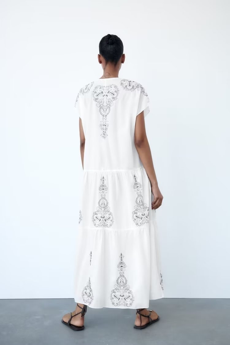 Summer Women Clothing Cotton Contrast Color Embroidery Midi Dress