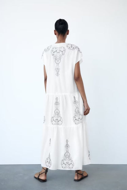 Summer Women Clothing Cotton Contrast Color Embroidery Midi Dress