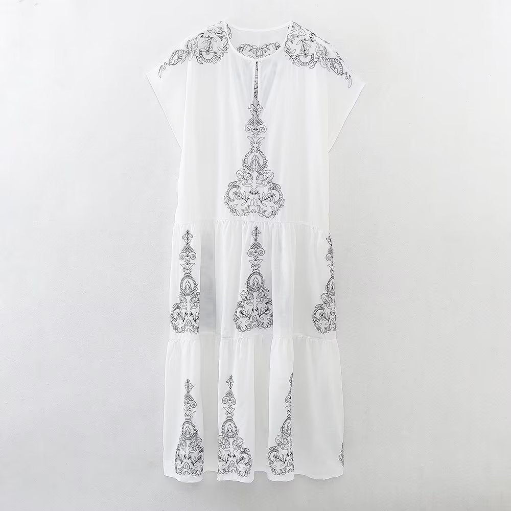 Summer Women Clothing Cotton Contrast Color Embroidery Midi Dress