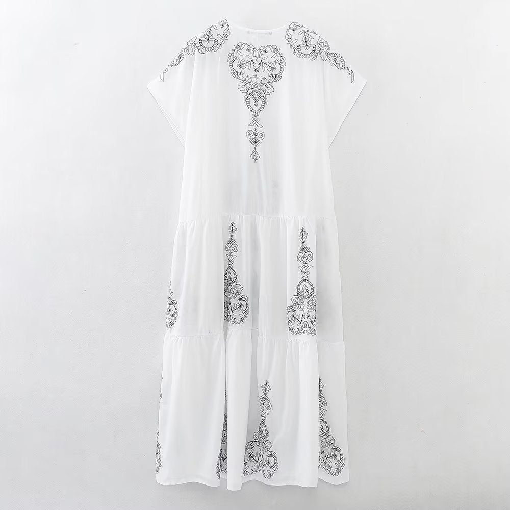 Summer Women Clothing Cotton Contrast Color Embroidery Midi Dress