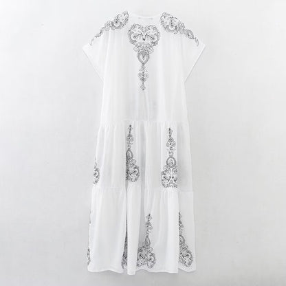 Summer Women Clothing Cotton Contrast Color Embroidery Midi Dress