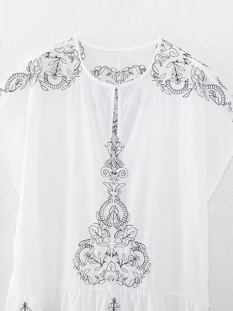 Summer Women Clothing Cotton Contrast Color Embroidery Midi Dress