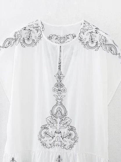 Summer Women Clothing Cotton Contrast Color Embroidery Midi Dress