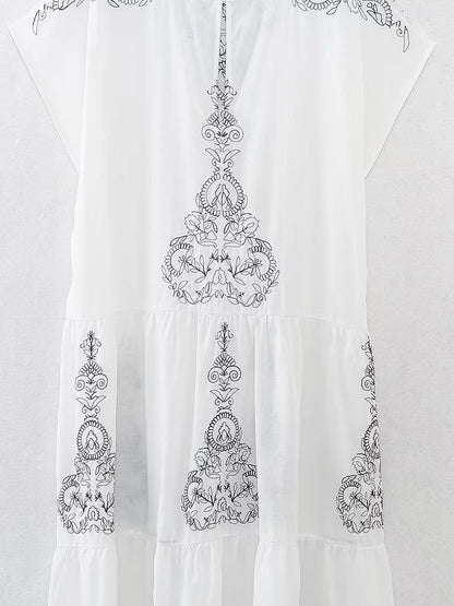 Summer Women Clothing Cotton Contrast Color Embroidery Midi Dress