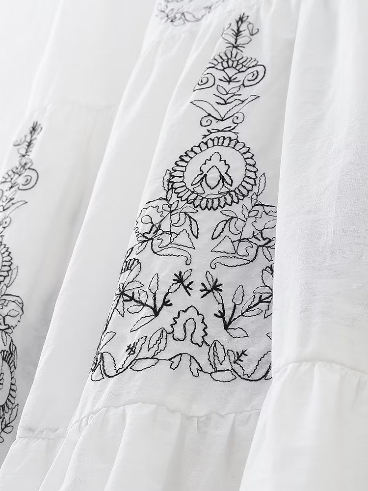 Summer Women Clothing Cotton Contrast Color Embroidery Midi Dress