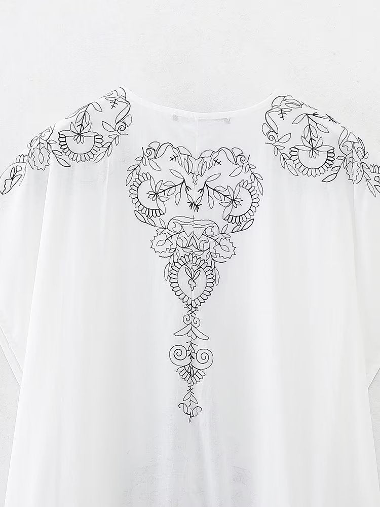 Summer Women Clothing Cotton Contrast Color Embroidery Midi Dress