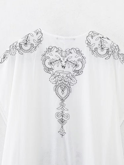 Summer Women Clothing Cotton Contrast Color Embroidery Midi Dress