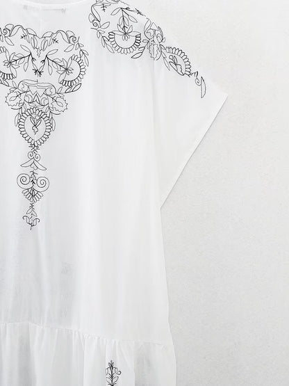 Summer Women Clothing Cotton Contrast Color Embroidery Midi Dress