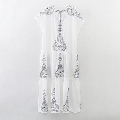 Summer Women Clothing Cotton Contrast Color Embroidery Midi Dress